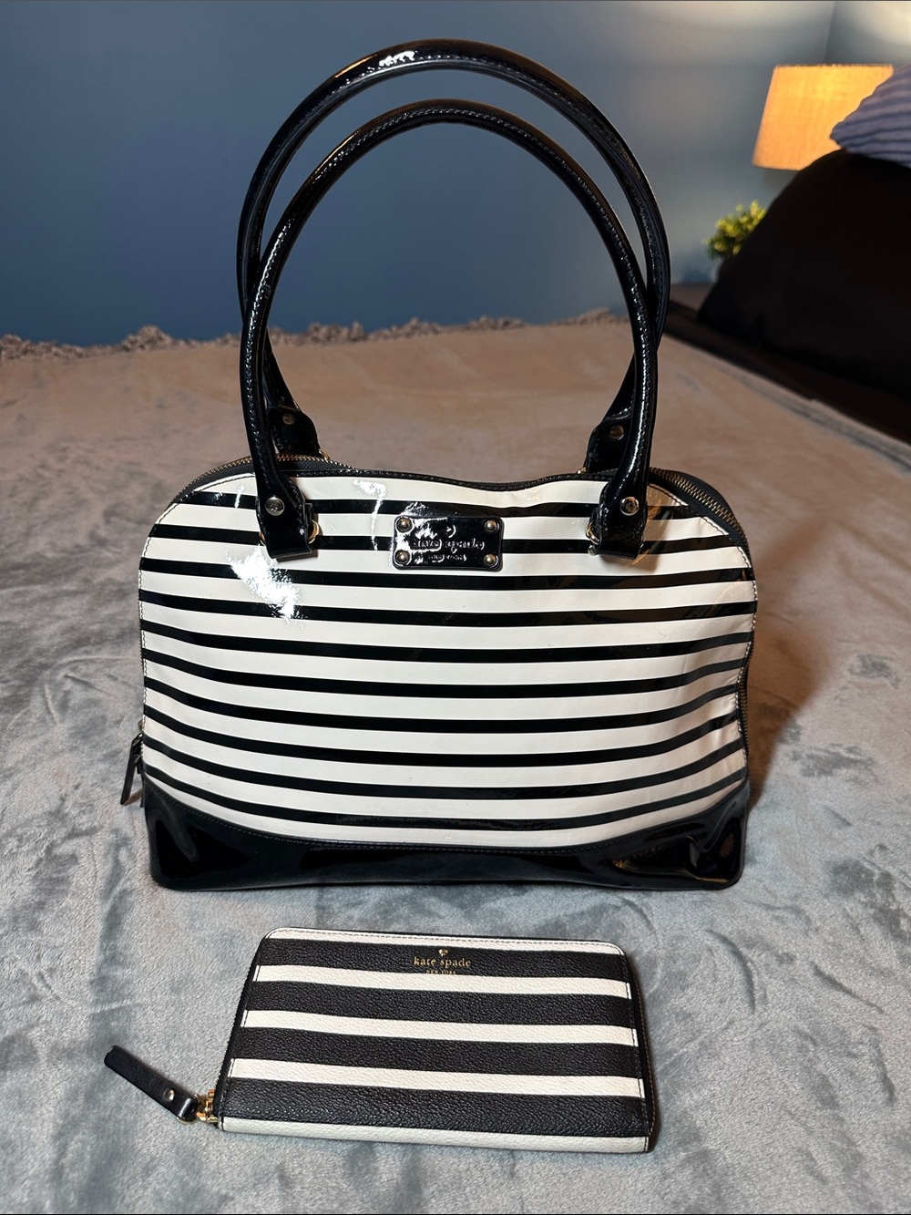 EUC kate ♠️ spade Black & White Striped Patent Satchel w/Matching Wallet ♠️